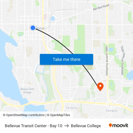Bellevue Transit Center - Bay 10 to Bellevue College map