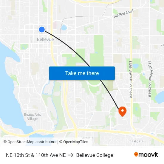 NE 10th St & 110th Ave NE to Bellevue College map