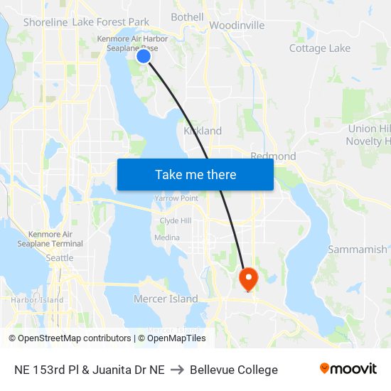 NE 153rd Pl & Juanita Dr NE to Bellevue College map