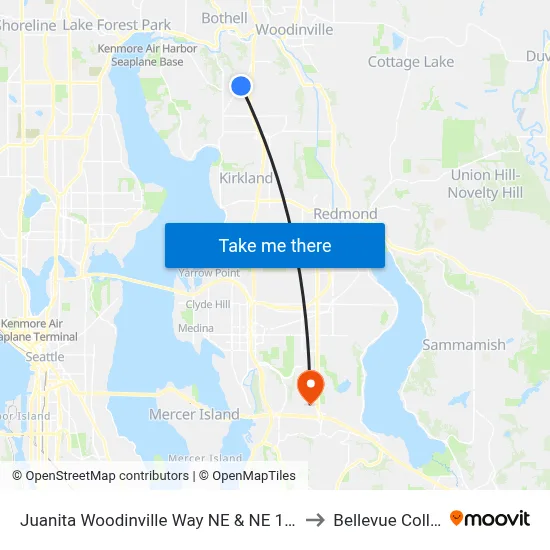 Juanita Woodinville Way NE & NE 145th St to Bellevue College map
