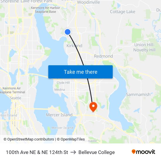 100th Ave NE & NE 124th St to Bellevue College map