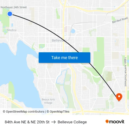 84th Ave NE & NE 20th St to Bellevue College map