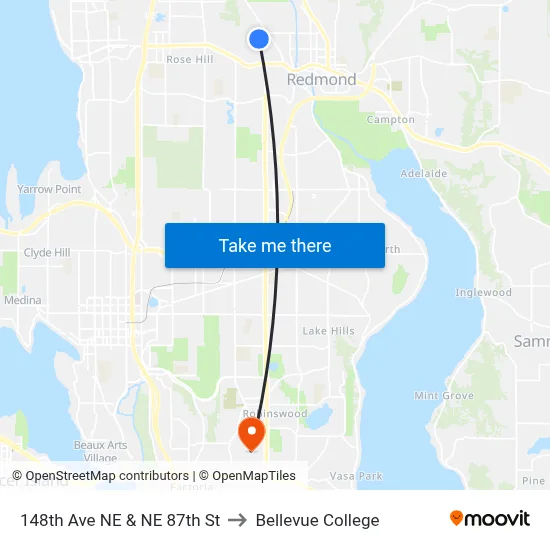 148th Ave NE & NE 87th St to Bellevue College map