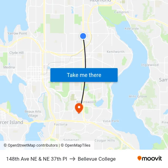 148th Ave NE & NE 37th Pl to Bellevue College map