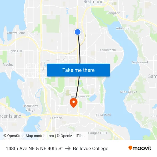 148th Ave NE & NE 40th St to Bellevue College map