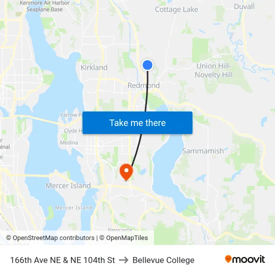 166th Ave NE & NE 104th St to Bellevue College map