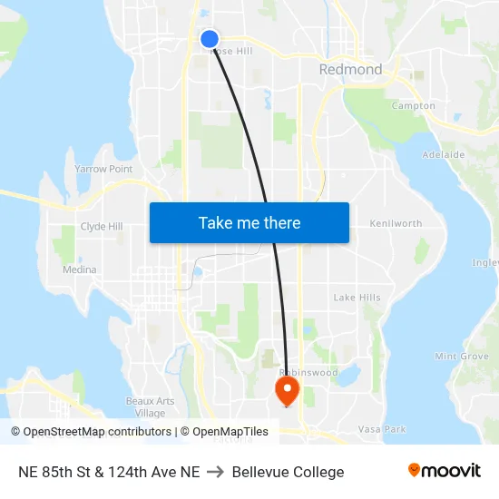NE 85th St & 124th Ave NE to Bellevue College map