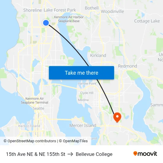 15th Ave NE & NE 155th St to Bellevue College map