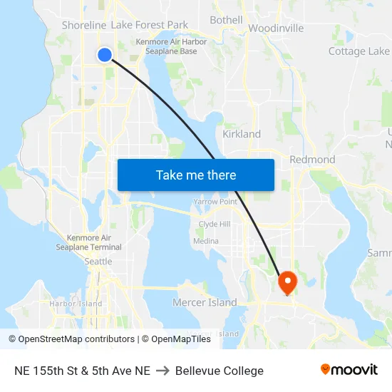 NE 155th St & 5th Ave NE to Bellevue College map