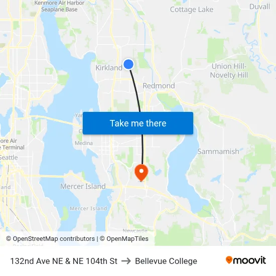 132nd Ave NE & NE 104th St to Bellevue College map