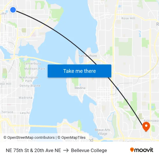 NE 75th St & 20th Ave NE to Bellevue College map