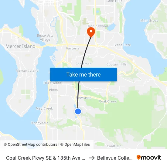 Coal Creek Pkwy SE & 135th Ave SE to Bellevue College map