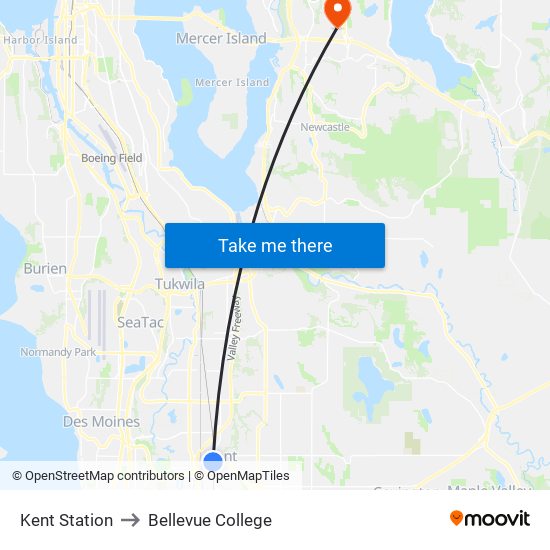 Kent Station to Bellevue College map