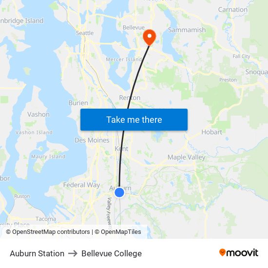 Auburn Station to Bellevue College map