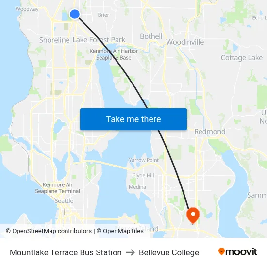 Mountlake Terrace Bus Station to Bellevue College map