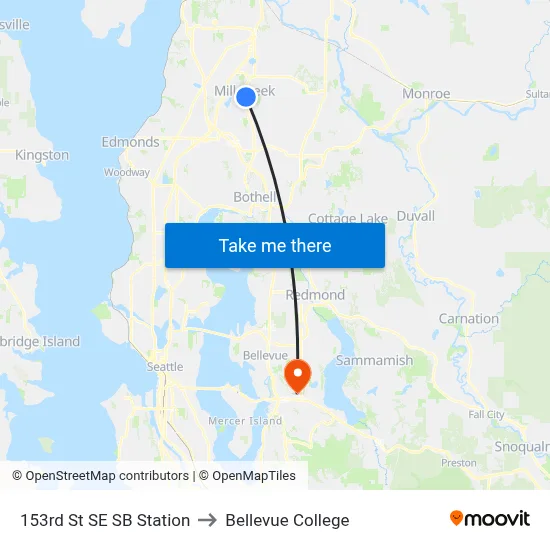 153rd St SE SB Station to Bellevue College map