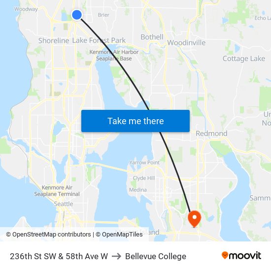 236th St SW & 58th Ave W to Bellevue College map