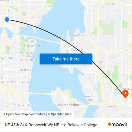 NE 45th St & Roosevelt Wy NE to Bellevue College map