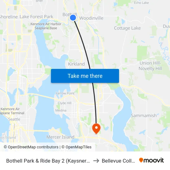 Bothell Park & Ride Bay 2 (Kaysner Way) to Bellevue College map