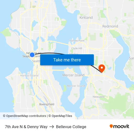 7th Ave N & Denny Way to Bellevue College map