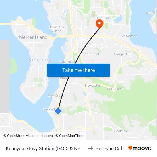 Kennydale Fwy Station (I-405 & NE 30th St) to Bellevue College map