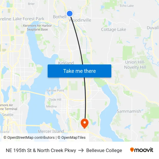 NE 195th St & North Creek Pkwy to Bellevue College map