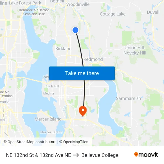 NE 132nd St & 132nd Ave NE to Bellevue College map