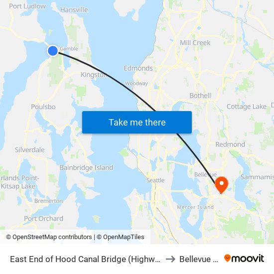 East End of Hood Canal Bridge (Highway 3 and Highway 104) to Bellevue College map