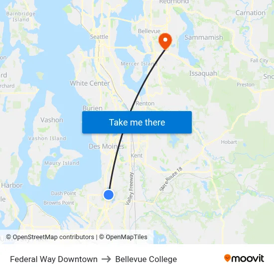 Federal Way Downtown to Bellevue College map