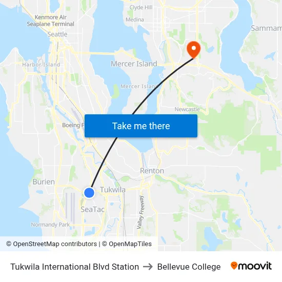 Tukwila International Blvd Station to Bellevue College map
