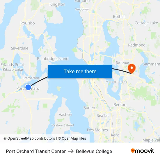 Port Orchard Transit Center to Bellevue College map
