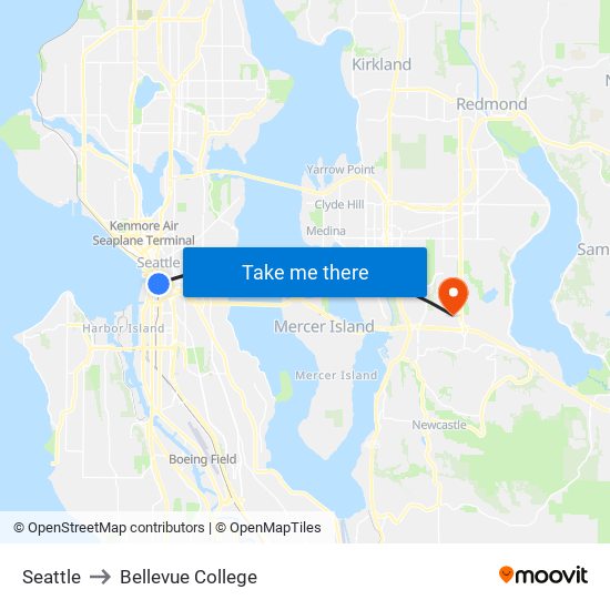 Seattle to Bellevue College map
