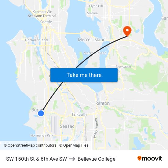 SW 150th St & 6th Ave SW to Bellevue College map