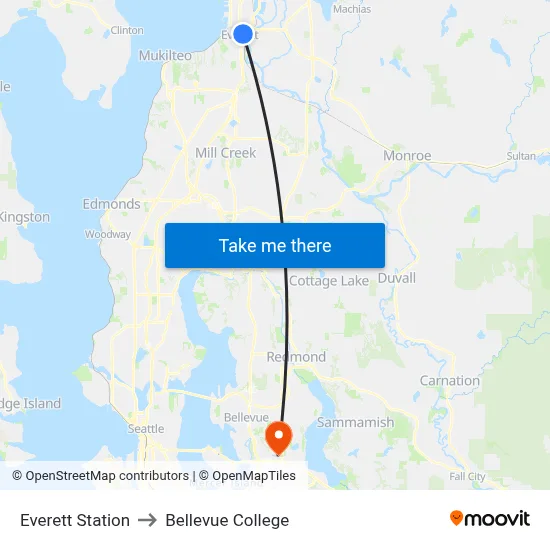 Everett Station to Bellevue College map