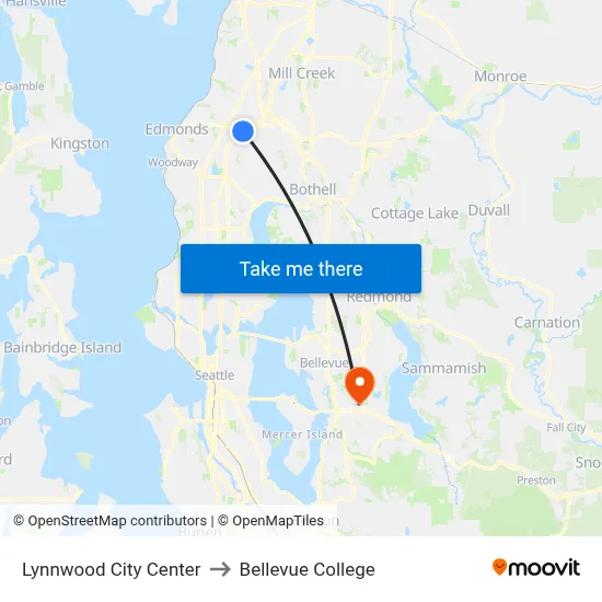 Lynnwood City Center to Bellevue College map