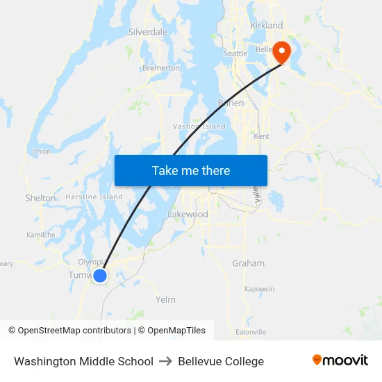 Washington Middle School to Bellevue College map