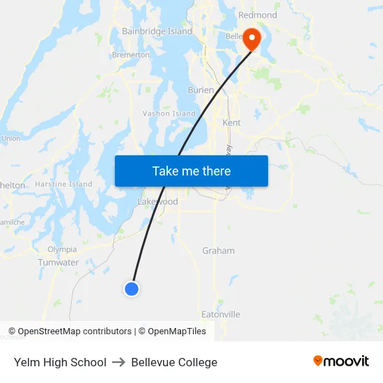 Yelm High School to Bellevue College map