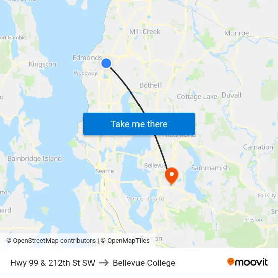 Hwy 99 & 212th St SW to Bellevue College map