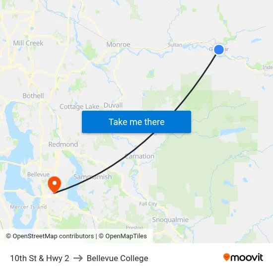 10th St & Hwy 2 to Bellevue College map