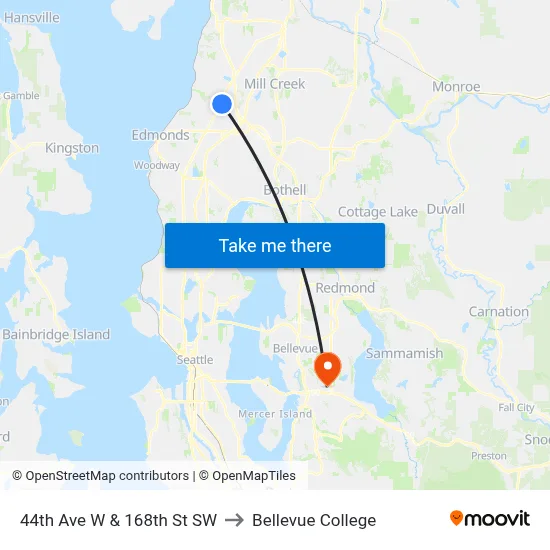 44th Ave W & 168th St SW to Bellevue College map