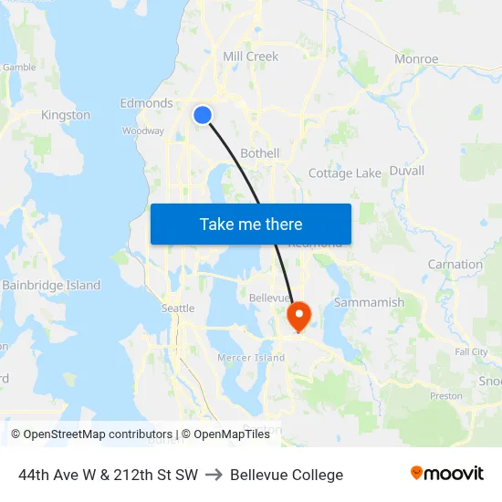 44th Ave W & 212th St SW to Bellevue College map