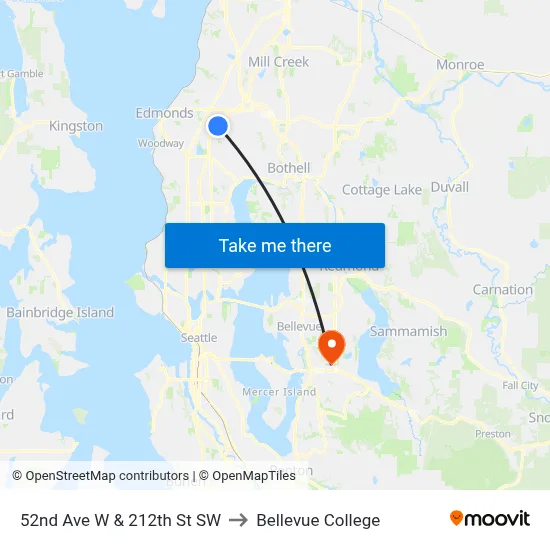 52nd Ave W & 212th St SW to Bellevue College map