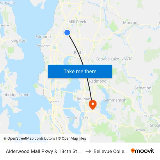 Alderwood Mall Pkwy & 184th St SW to Bellevue College map