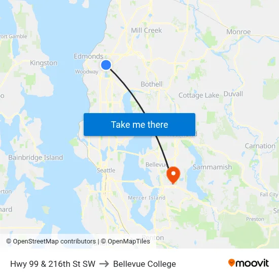 Hwy 99 & 216th St SW to Bellevue College map