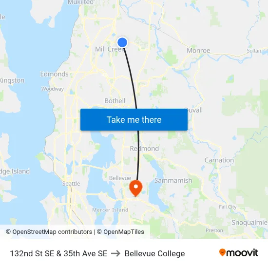 132nd St SE & 35th Ave SE to Bellevue College map