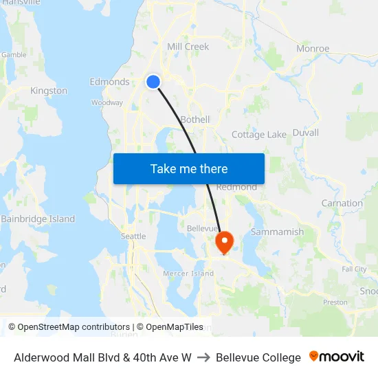 Alderwood Mall Blvd & 40th Ave W to Bellevue College map