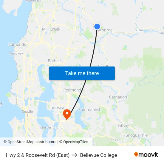 Hwy 2 & Roosevelt Rd (East) to Bellevue College map