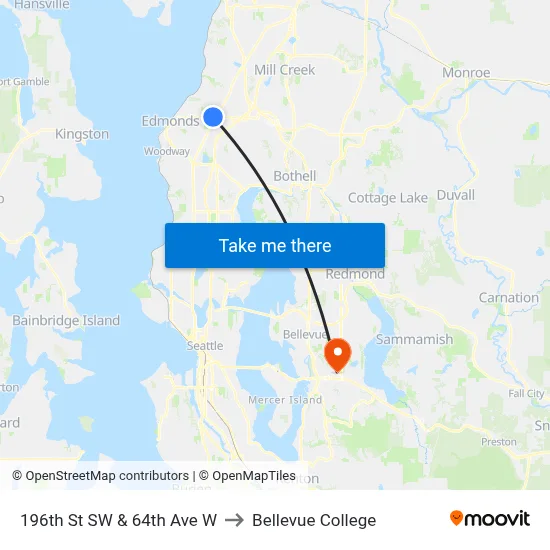 196th St SW & 64th Ave W to Bellevue College map
