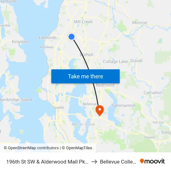 196th St SW & Alderwood Mall Pkwy to Bellevue College map
