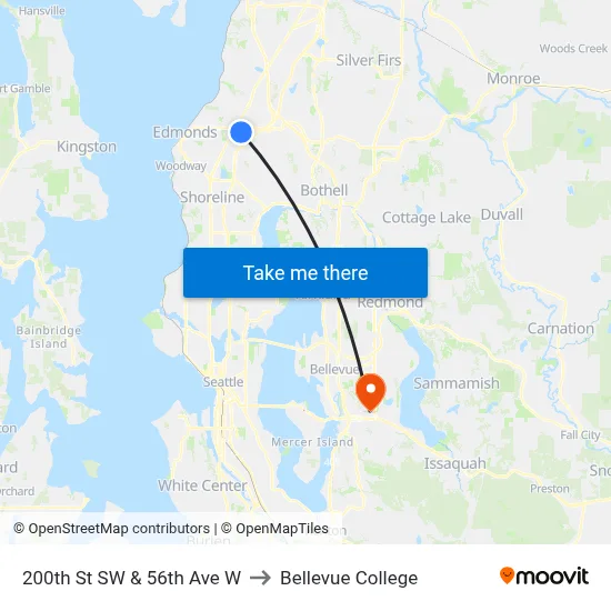 200th St SW & 56th Ave W to Bellevue College map